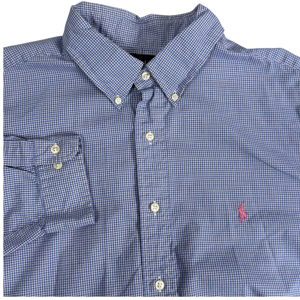 Ralph Lauren Classic Fit Blue Check Button Down Shirt OCBD‎ Mens XL 17.5 Pony